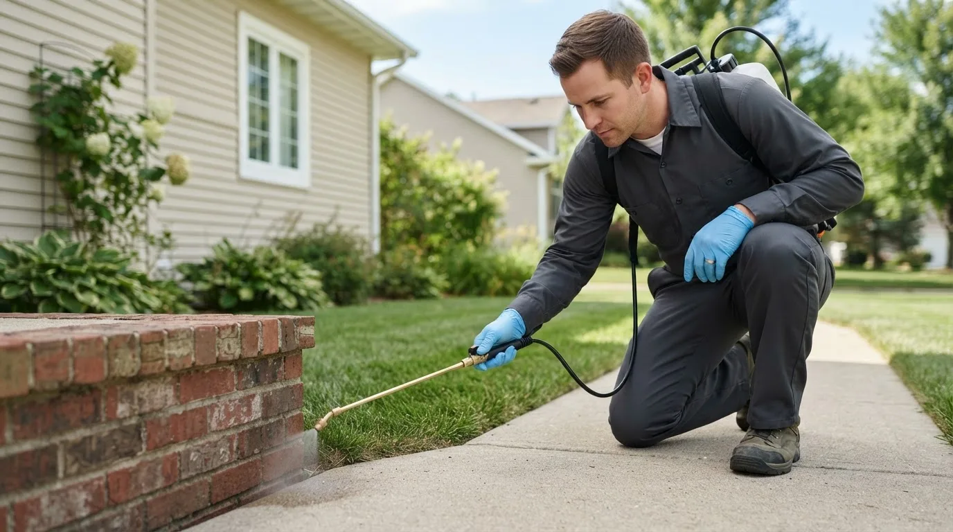 Pest control technician treating a home near Purcell, MO