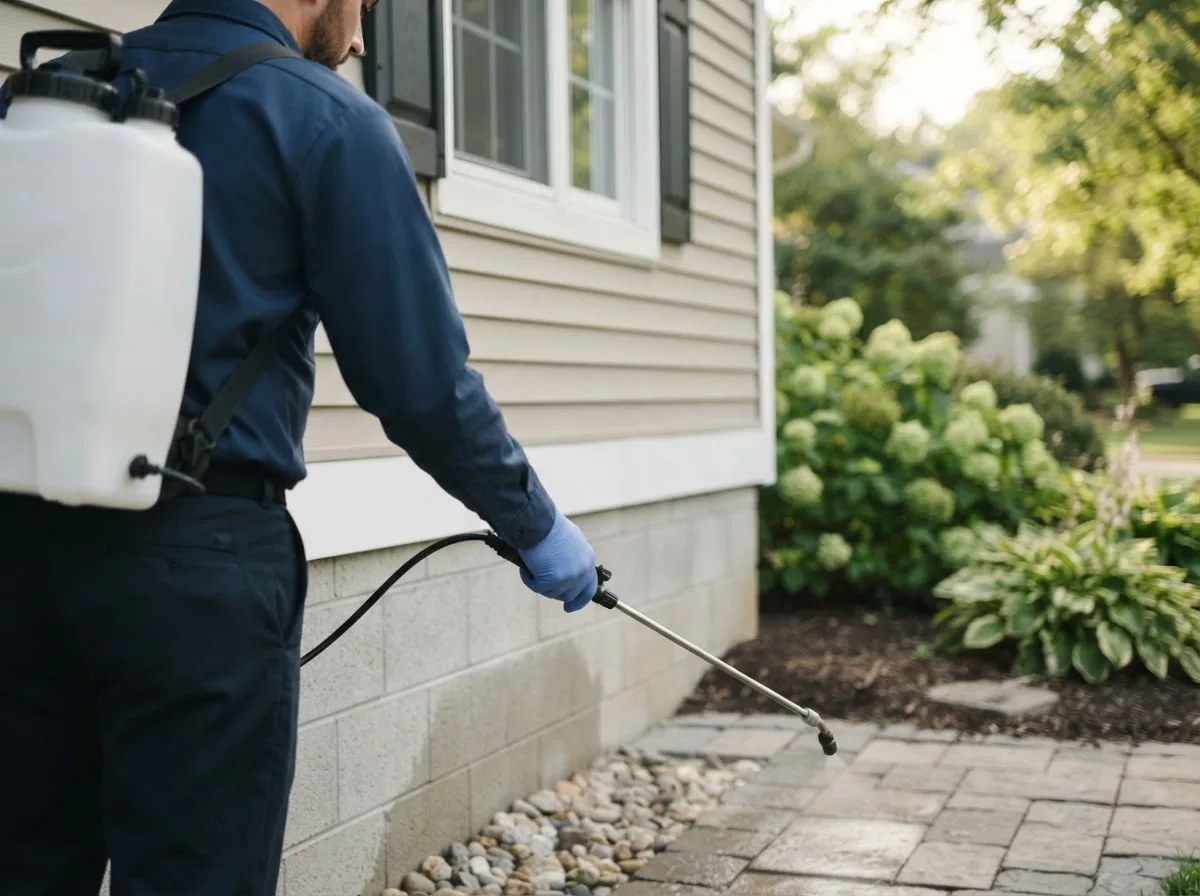 Pest control technician inspecting a home in Purcell, MO